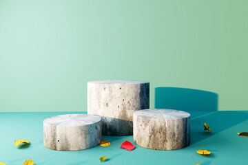 Poster - autumn leaves with stone podiums - 3d render