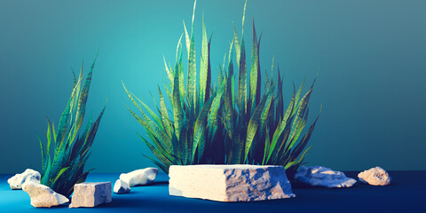 Poster - snake plant with white stone podiums - 3d render
