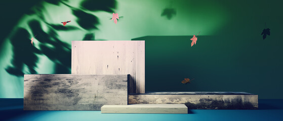 Poster - rectangle stage podium with autumn leaves - 3d render