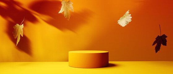 Poster - autumn leaves with a round podium - 3d render