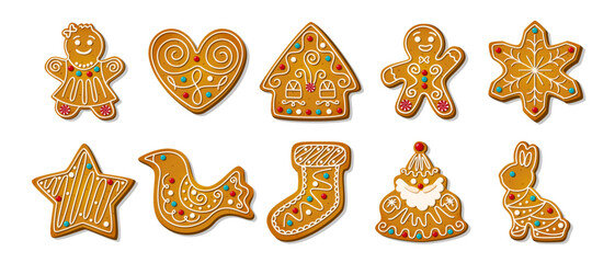 Wall Mural - Christmas gingerbread cookies. Winter homemade xmas sweets in shape of house and gingerbread man, star and snowflake, santa and heart, bird and rabbit and sock. Cartoon Vector illustration