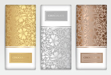 Silver And Gold Vintage Set Of Chocolate Bar Packaging Design. Vector Luxury Template With Ornament Elements. Can Be Used For Background And Wallpaper. Great For Food And Drink Package Types.
