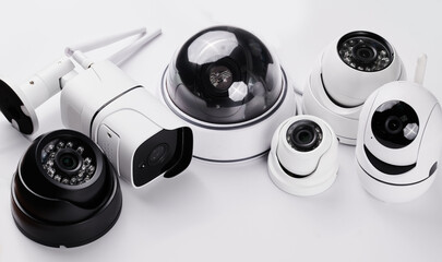 Surveillance cameras, set of different videcam, cctv cameras isolated on white background close up. home security system concept