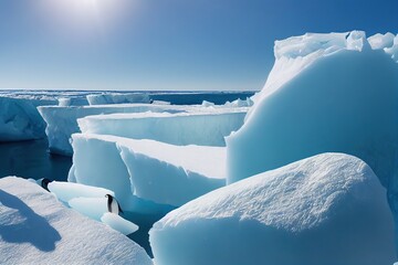 Wall Mural - A sunny day in cold Antarctica. Antarctic icebergs. Reflection of icebergs in clear deep transparent water. 3D rendering