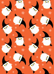 Sticker - Vector seamless pattern of flat hand drawn Halloween witch owl isolated on orange background