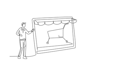 Poster - Animated self drawing of single continuous line draw young man inserting credit card into canopy laptop screen with shopping cart. E-shop, digital payment concept. Full length one line animation.