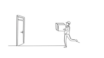 Poster - Animated self drawing of continuous line draw male courier comes out of laptop screen while carrying package box to customer's door. Online delivery service concept. Full length single line animation.