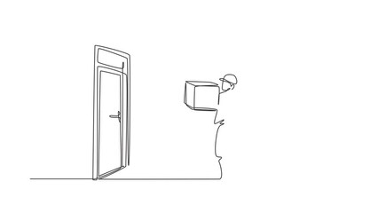 Poster - Animated self drawing of continuous line draw male courier comes out of the smartphone screen while carrying package box to customer's door. Online delivery service. Full length one line animation.