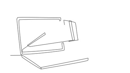Poster - Animated self drawing of continuous line draw package box out of large laptop screen. Online delivery website concept. Fast respond and package shipping to customer. Full length single line animation.