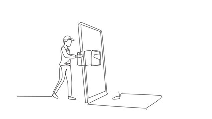 Wall Mural - Animated self drawing of continuous line draw male courier delivers box package, through laptop screen to male customer. Online delivery service concept. Full length one line animation illustration.