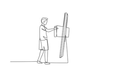 Poster - Self drawing animation of single one line draw male courier delivers box package, through monitor screen to male customer. Online delivery service concept. Continuous line draw. Full length animated.