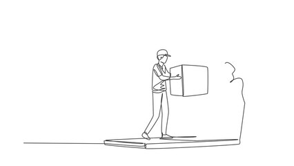 Poster - Animated self drawing of continuous one line draw female customer receives boxed package, through laptop screen from male courier. Online delivery service concept. Full length single line animation.