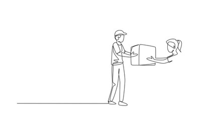 Poster - Animated self drawing of continuous line draw female customer receives boxed package, through smartphone screen from male courier. Online delivery service concept. Full length single line animation.