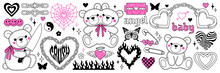Y2k Glamour Pink Stickers. Butterfly, Kawaii Bear, Fire, Flame, Chain, Heart, Tattoo And Other Elements In Trendy Emo Goth 2000s Style. Vector Hand Drawn Icon. 90s, 00s Aesthetic. Pink, Black Colors.