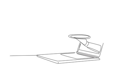 Poster - Animated self drawing of continuous line draw Hands out of laptop screen with tray open to serve food. E-shop. Order food digitally. Online delivery service concept. Full length single line animation.