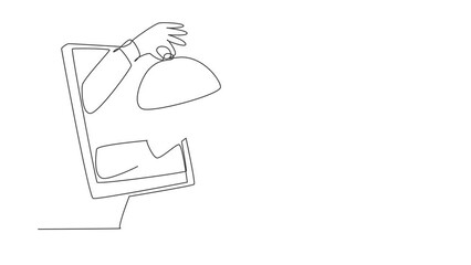 Poster - Self drawing animation of single line draw Hands out of monitor screen with tray open to serve food. Order food digitally. Online delivery service concept. Continuous line draw. Full length animated.