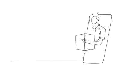 Poster - Animated self drawing of continuous line draw courier delivers package, through smartphone screen. E-commerce. Online delivery service. Fast delivery parcel concept. Full length single line animation.