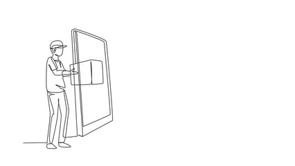 Poster - Animated self drawing of single continuous line draw male courier delivers box package, through monitor screen to female customer. Online delivery service concept. Full length one line animation.