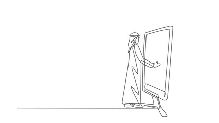 Poster - Animated self drawing of continuous one line draw male courier delivers box package, through monitor screen to Arabian male customer. Online delivery service concept. Full length single line animation