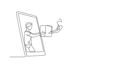 Poster - Animated self drawing of continuous line draw male customer receives boxed package, through laptop screen from male courier. E-shop. Online delivery service concept. Full length single line animation.