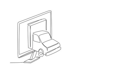 Poster - Self drawing animation of single one line draw delivery box car comes out partly from monitor screen and courier gives package box to hijab female customer. Continuous line draw. Full length animated.