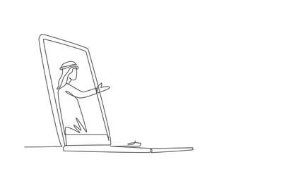 Poster - Self drawing animation of single line draw Arabian male customer receives boxed package, through laptop screen from male courier. Online delivery service. Continuous line draw. Full length animated.