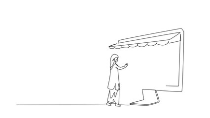 Poster - Animated self drawing of continuous line draw courier comes out of giant monitor screen with canopy and gives package box to hijab female customer. Online delivery. Full length single line animation.