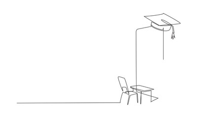 Sticker - Animated self drawing of single continuous line draw empty study chairs and desks facing smartphone screen in which there is blackboard and graduation cap on top. Full length one line animation.