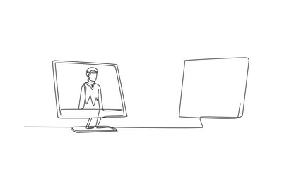 Poster - Animated self drawing of continuous line draw two monitors are standing front of each other, one side contains male student, the other contains hijab female teacher. Full length one line animation.
