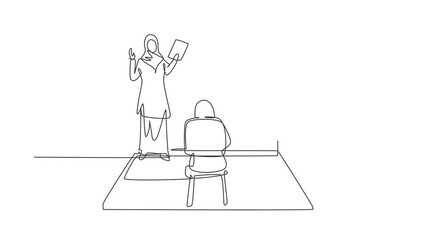 Poster - Animated self drawing of continuous line draw Arabian female teacher standing front of screen holding book, teaching hijab female students sitting on benches desk. Full length single line animation.