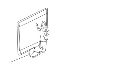 Poster - self drawing animation of single line draw arabian female teacher standing front of screen holding b