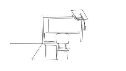 Poster - Self drawing animation of single line draw empty study chairs and desks facing giant laptop screen in which there is whiteboard and graduation cap on top. Continuous line draw. Full length animated.