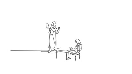Poster - Animated self drawing of continuous line draw hijab female teacher teaching female junior high school student who sits on bench around desk and studies on smartphone. Full length one line animation.