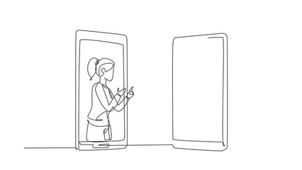 Poster - Animated self drawing of continuous line draw two smartphones face to face and contain female patient, female doctor with their bodies as if coming out of a smartphone. Full length one line animation.