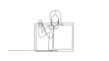 Poster - Animated self drawing of continuous one line draw female doctor comes out of laptop screen holding stethoscope. Online medical services, medical consultation concept. Full length single line animation