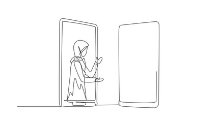 Poster - Animated self drawing of continuous line draw two smartphones face to face, contain patient and hijab female doctor with their bodies as if coming out of a smartphone. Full length one line animation.