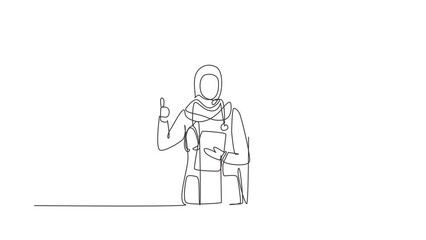 Poster - Self drawing animation of single line draw hijab female doctor comes out of smartphone screen while making thumbs up gesture. Online medical consultation. Continuous line draw. Full length animated.