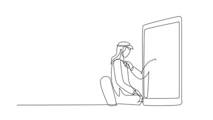 Poster - self drawing animation of single line draw doctor comes out of smartphone screen and checks male pat