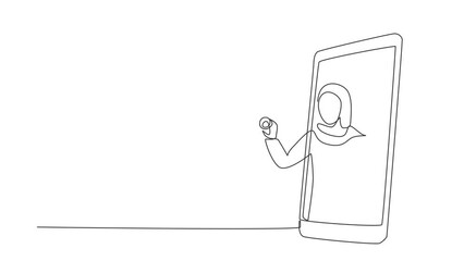 Poster - Self drawing of single one line draw hijab female doctor comes out of smartphone screen holding stethoscope. Online medical services, medical consultation. Continuous line draw. Full length animated.