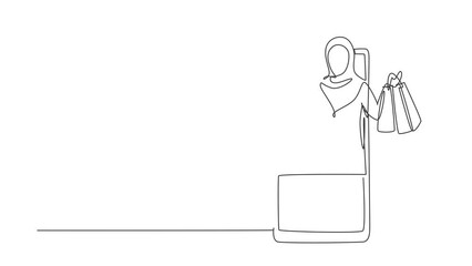 Poster - Animated self drawing of continuous line draw young Arab woman coming out of smartphone screen holding shopping bags. Sale, digital lifestyle and consumerism concept. Full length single line animation