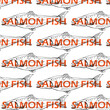 Sea fish doodle for pattern. Salmon swims to spawn up river. Seamless print with chum salmon. Restaurant sushi menu design, health food store. Illustration in theme of tourism, national park, fishing.