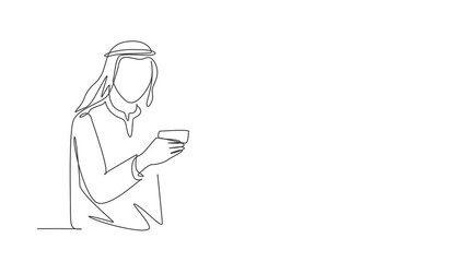 Poster - self drawing animation of single line draw young arab man typing entering credit card code on smartp