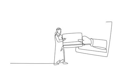 Aufkleber - Animated self drawing of single continuous line draw young Arab male inserting credit card into canopy monitor screen and accepted by hand. Digital payment concept. Full length one line animation.