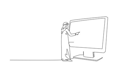 Poster - Animated self drawing of continuous one line draw young Arabian man shopping through monitor screen with shopping cart. E-shop, e-commerce, digital lifestyle concept. Full length single line animation