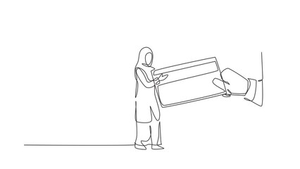Poster - self drawing animation of single line draw arabian woman inserting credit card into canopy smartphon