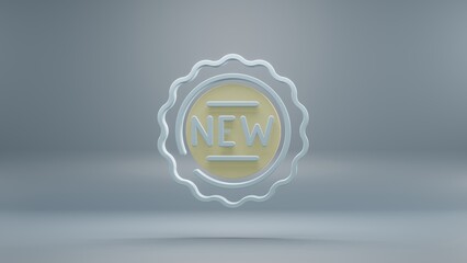Poster - Beautiful abstract New Badge yellow light symbol icons on a blue background. 3d rendering illustration. Background pattern for design. Online Shopping.