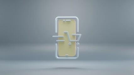 Aufkleber - Beautiful abstract smartphone Online Shopping yellow light symbol icons on a blue background. 3d rendering illustration. Background pattern for design. Online Shopping.