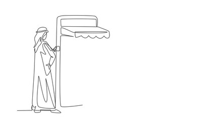 Poster - Animated self drawing of continuous line draw young Arab man inserting credit card into canopy smartphone screen with shopping cart. E-shop, digital payment concept. Full length single line animation.