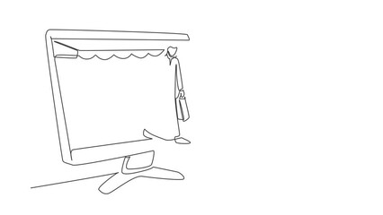 Poster - animated self drawing of single continuous line draw arab man coming out of canopy monitor screen ho