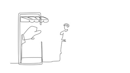 Poster - Animated self drawing of single continuous line draw young man inserting credit card into canopy smartphone screen and accepted by hand. Digital payment concept. Full length one line animation.